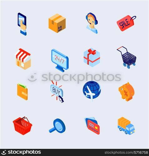Online shopping customer support e-commerce isometric decorative icons set isolated vector illustration