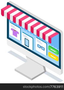 Online shopping design concept. Buying things on site. Computer screen with open site with goods, clothes. Application for buying and ordering goods via Internet. Monitor with sales website. Application for buying and ordering goods via Internet. Computer screen with sales website