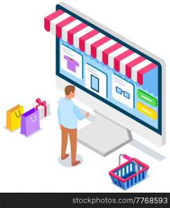 Online shopping design concept. Buying things on site. Computer screen with open site with goods, clothes. Man using application for buying and ordering goods via Internet. Monitor with sales website. Man using application for buying and ordering goods via Internet. Monitor with sales website