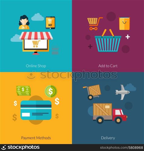 Online shopping design concept set with payment and delivery flat icons isolated vector illustration. Online Shopping Set