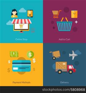 Online shopping design concept set with payment and delivery flat icons isolated vector illustration. Online Shopping Set