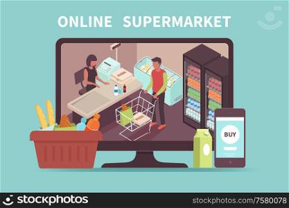 Online shopping design concept with buyer paying for purchases in supermarket on pc screen isometric vector illustration
