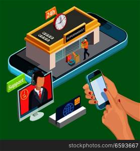 Online shopping design concept with credit card and smartphone used for buying on internet isometric icons vector illustration . Online shopping isometric design concept