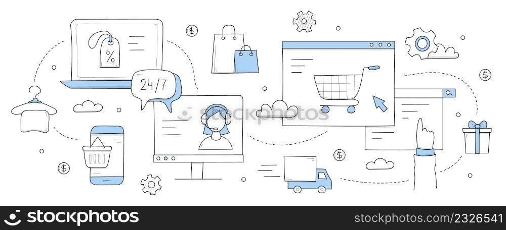 Online shopping doodle concept. Internet sale, purchase via digital platforms, computers and mobile phones. Customer support, delivery shipping services for clients orders Line art vector illustration. Online shopping doodle concept, internet sale