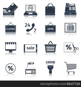 Online shopping e-commerce advertising commercial services black icons set isolated vector illustration