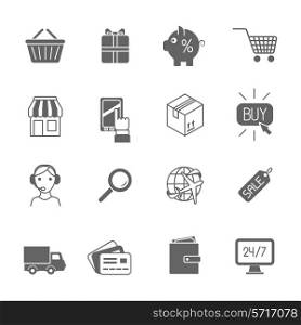 Online shopping e-commerce advertising commercial services black icons set isolated vector illustration