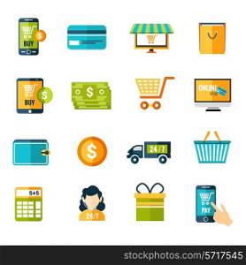 Online shopping e-commerce advertising commercial services flat icons set isolated vector illustration