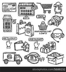 Online shopping e-commerce advertising commercial services sketch decorative icons set isolated vector illustration