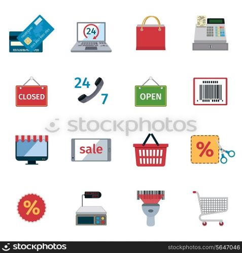 Online shopping e-commerce commercial services icons set isolated vector illustration