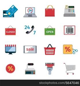 Online shopping e-commerce commercial services icons set isolated vector illustration
