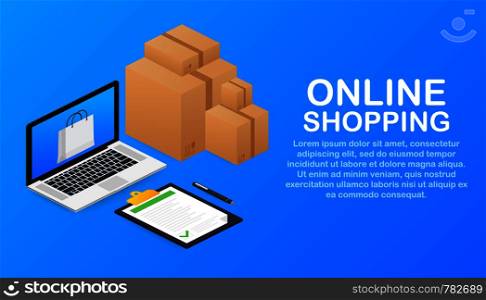 Online shopping e-commerce concept with online shopping and marketing icon. Vector illustration.. Online shopping e-commerce concept with online shopping and marketing icon. Vector stock illustration.