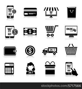Online shopping e-commerce delivery and promotion commercial services black icons set isolated vector illustration