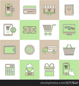 Online shopping e-commerce delivery and promotion discount services flat line icons set isolated vector illustration