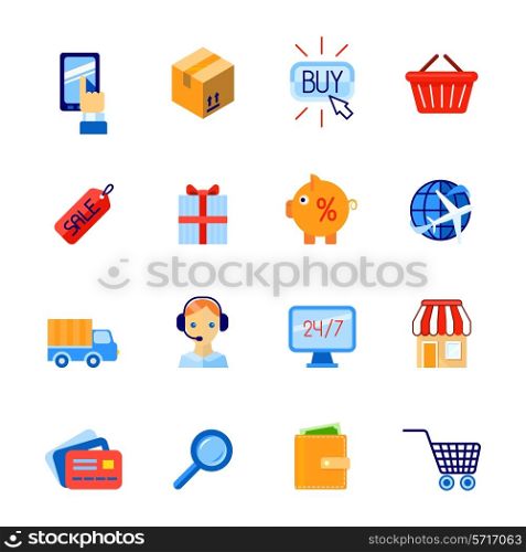 Online shopping e-commerce delivery commercial services flat icons set isolated vector illustration.