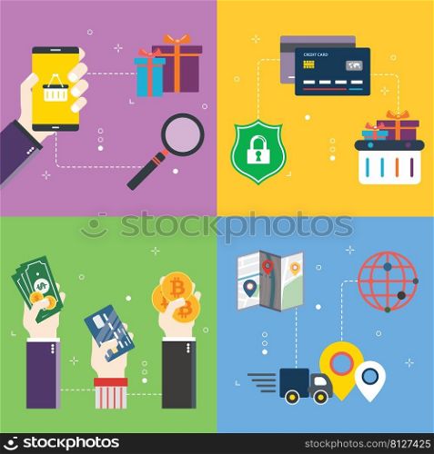 Online shopping, e-commerce, purchase, payment and delivery icons. Concepts of online shopping, purchase payment, payment methods, purchase delivery. Flat design icons in vector illustration. 