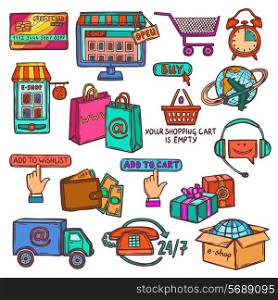 Online shopping e-commerce services colored sketch decorative icons set isolated vector illustration