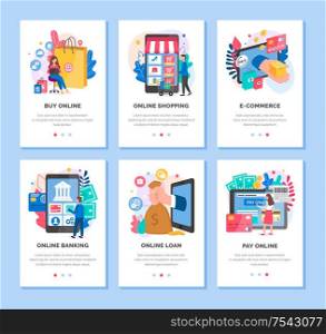 Online shopping ecommerce pay online banking set of posters with text vector. Modern illustrations of people purchasing items from store, hand holding bag with money cash, flat style. Online Shopping Ecommerce Pay Online Banking Set