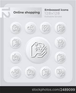 Online shopping embossed icons set. Fast delivery. Payment. Neumorphism effect. Isolated vector illustrations. Minimalist button design collection. Editable stroke. Montserrat Bold, Light fonts used. Online shopping embossed icons set