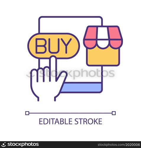 Online shopping experience RGB color icon. Purchasing goods through internet. E commerce. Buying items from marketplace. Isolated vector illustration. Simple filled line drawing. Editable stroke. Online shopping experience RGB color icon
