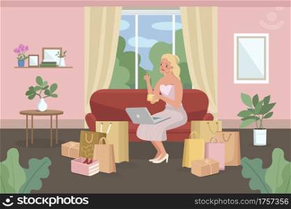 Online shopping flat color vector illustration. E-commerce purchases. Woman buying from home. Shopaholic with credit card and laptop 2D cartoon characters with interior on background. Online shopping from home flat color vector illustration