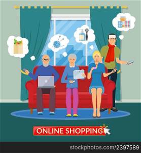 Online shopping flat composition with people group making purchases on Internet using the computer phone and tablet vector illustration. Online Shopping Flat Composition