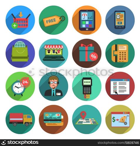 Online shopping flat long shadow icon set isolated vector illustration. Online Shopping Flat Icon Set
