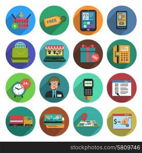 Online shopping flat long shadow icon set isolated vector illustration. Online Shopping Flat Icon Set