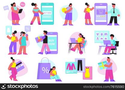 Online shopping flat set of customers buying goods remotely and couriers delivering orders isolated vector illustration