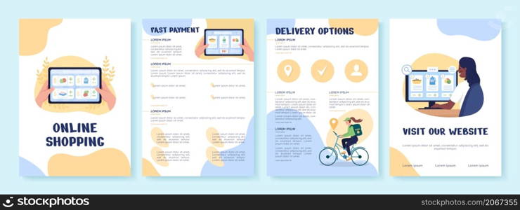 Online shopping flat vector brochure template. Retail and commerce. Flyer, booklet printable design with flat illustrations. Magazine page, reports with text space. Sniglet, Comfortaa fonts used. Online shopping flat vector brochure template