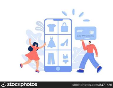 Online shopping flat. Vector hand drawn woman and man with bank card runs to buy goods. The product catalog in telephone on the web browser page. Shopping boxes.. Online shopping flat. Vector hand drawn woman and man with bank card runs to buy goods. The product catalog in telephone on the web browser page. Shopping boxes