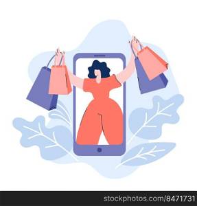 Online shopping flat. Vector hand drawn woman with packages runs from smartphone. Shop in telephone on web browser page for sales.. Online shopping flat. Vector hand drawn woman with packages runs from smartphone. Shop in telephone on web browser page for sales