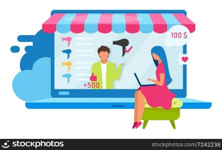 Online shopping flat vector illustration. Choosing hair dryer with good reviews on electronics marketplace. Buying appliance on website. Girl webpage shopper cartoon character on white background