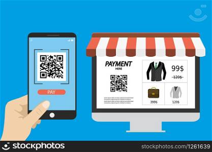 Online shopping,hand holding smart phone with qr scanner app and monitor screen with store application and qr code for payment, flat design, vector illustration