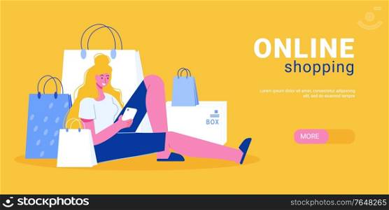 Online shopping horizontal banner with editable text more button and female character in front of bags vector illustration