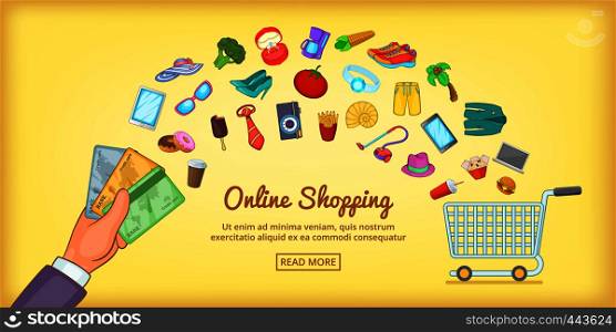 Online shopping horizontal concept. Cartoon illustration of online shopping banner horizontal vector for web. Online shopping banner horizontal, cartoon style
