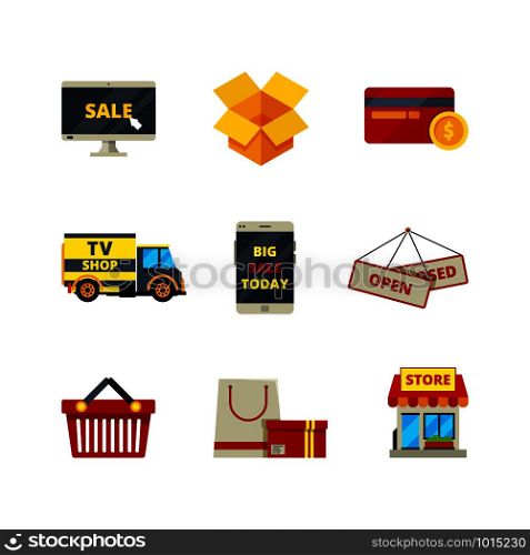 Online shopping icon. Web store payment cards money retail shop e commerce computer symbol sales products services vector flat pictures. Illustration of web store and retail internet. Online shopping icon. Web store payment cards money retail shop e commerce computer symbol sales products services vector flat pictures