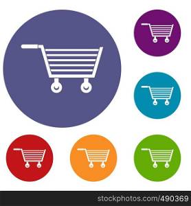 Online shopping icons set in flat circle red, blue and green color for web. Online shopping icons set