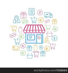 Online shopping icons set. Vector outline symbols. Set of shopping cart, basket and bag, delivery, sale, map and other. Online shopping icons set
