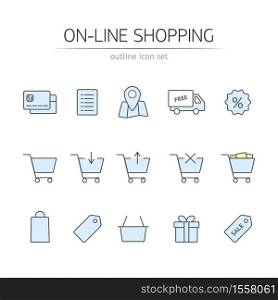 Online shopping icons set. Vector outline symbols with blue fill. Set of shopping cart, basket and bag, delivery, sale, map. Online shopping icons set