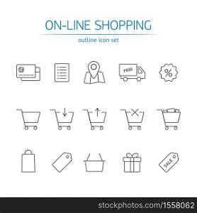 Online shopping icons set. Vector outline symbols with blue fill. Set of shopping cart, basket and bag, delivery, sale, map. Online shopping icons set