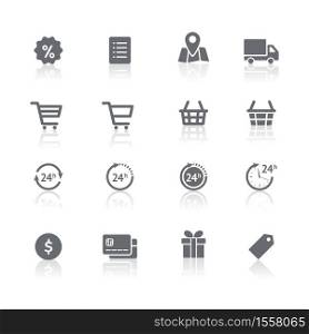 Online shopping icons set. Vector pictogram symbols with reflections. Set of shopping cart, basket and bag, delivery, sale, map and other. Online shopping icons