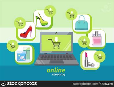 Online shopping icons store elements fashion purchases bag tag shoes gift lable smartphone with discount on stylish background flat design cartoon style