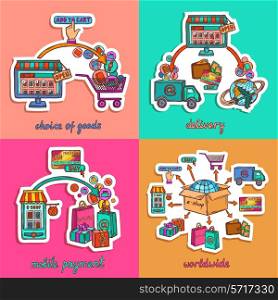 Online shopping illustration set with choice of goods delivery mobile payment worldwide isolated sketch vector illustration