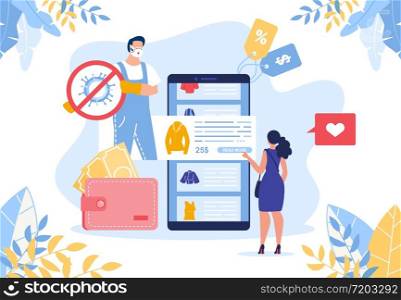 Online Shopping in Covid19 Epidemic Quarantine. Woman Buying Clothes via Mobile Application. Public social Approval. Contactless Secure Delivery Service and Wireless Payment. Coronavirus Pandemic. Online Shopping in Covid19 Epidemic Quarantine