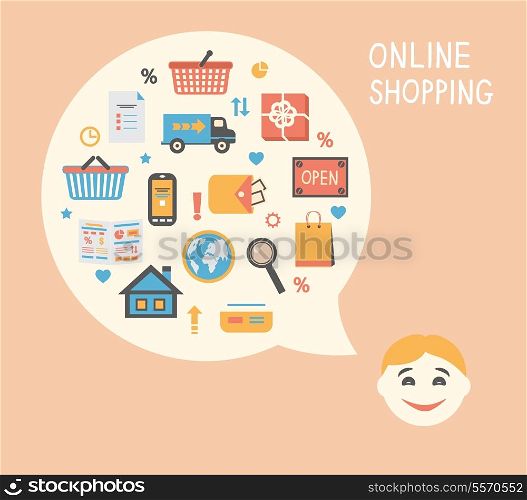 Online shopping innovation idea with happy satisfied customer vector illustration