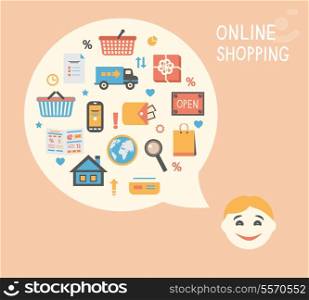 Online shopping innovation idea with happy satisfied customer vector illustration