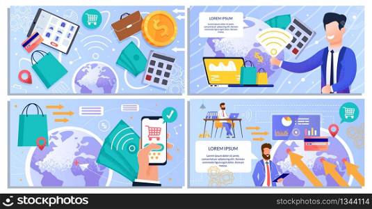 Online Shopping, Internet Business and Web Commerce Flat Vector Banners, Posters Templates Set with Businessmen Planning Online Store Strategy, Customer Buying Goods with Smartphone Illustration