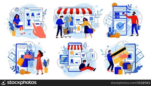 Online shopping. Internet market, mobile app shopping and people buy gifts. Smartphone payment and outfit sale flat vector illustration set. E commerce concept. Customers faceless characters. Online shopping. Internet market, mobile app shopping and people buy gifts. Smartphone payment and outfit sale flat vector illustration set. E commerce concept. Buyers cartoon characters