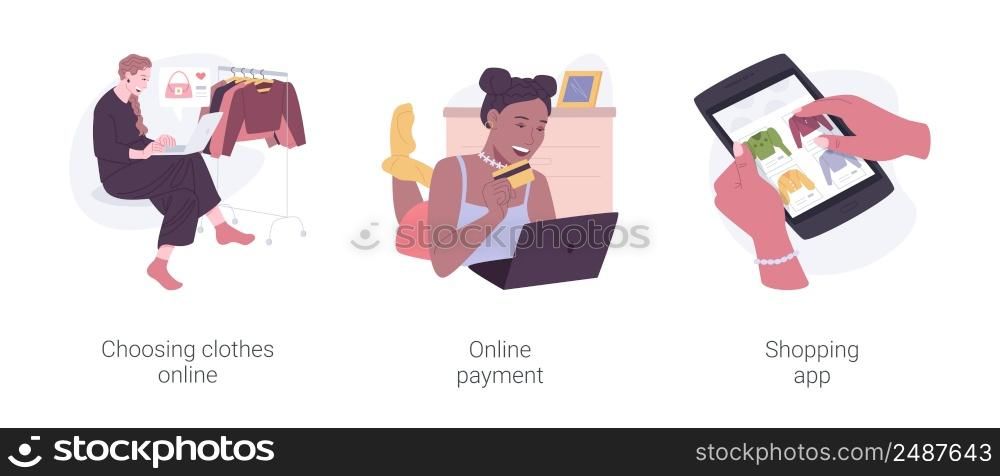 Online shopping isolated cartoon vector illustrations set. Choosing clothes in online apparel store, making payment with plastic card, sitting with laptop, internet shop mobile app vector cartoon.. Online shopping isolated cartoon vector illustrations set.