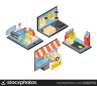 Online Shopping Isometric Compositions. Online shopping isometric compositions with packages and bags, payment, delivery, support service, mobile devices isolated vector illustration